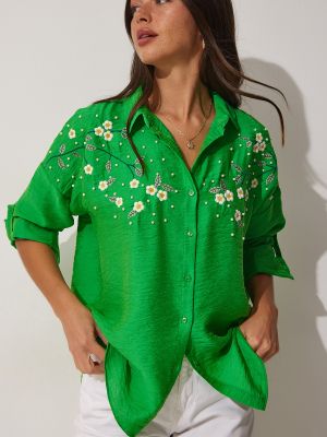 Oversized košeľa s výšivkou s perlami Happiness İstanbul zelená