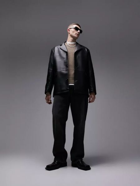 Кожаный пиджак из искусственной кожи Topman черный
