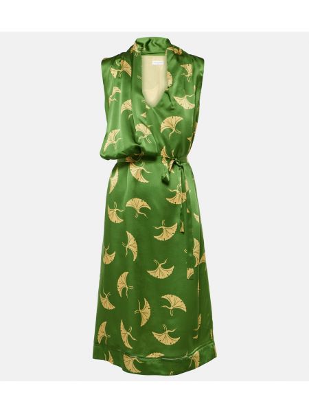 Атласное платье с принтом Dries Van Noten зеленое