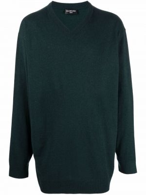 Haftowane długi sweter z kaszmiru z dekoltem w serek Balenciaga - zielony