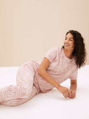 Womens M&S Collection Pure Cotton Leaf Print Pyjama Set - Antique Rose, Antique Rose M&s Collection
