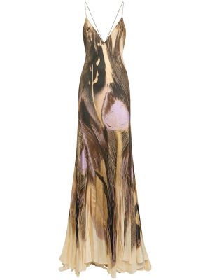 Viskózové saténové dlouhé šaty Roberto Cavalli hnědé