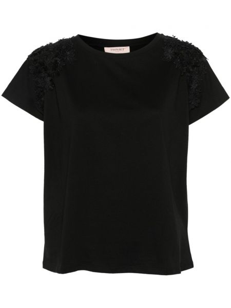 Kokvilnas t-krekls ar ziediem Twinset melns