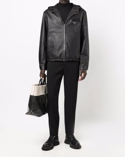 Černá kožená bunda s kapucí Prada