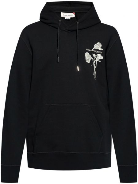 Pamučna hoodie s kapuljačom s vezom s cvjetnim printom Alexander Mcqueen crna