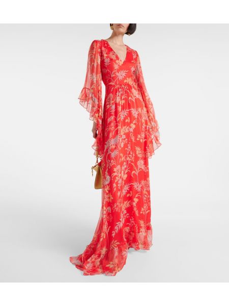 Rochie lunga de mătase cu model floral Etro roșu