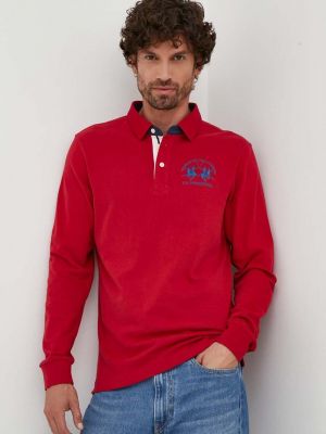 Bavlněné tričko s dlouhým rukávem s dlouhými rukávy s aplikacemi La Martina červené