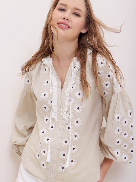Памучна блуза бродирана Trend Alaçatı Stili бежово