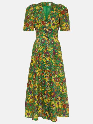 Lniana sukienka midi w kwiatki Alã©mais zielona