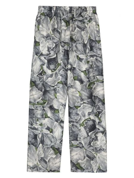 Květinové hedvábné rovné kalhoty s potiskem Sunflower šedé