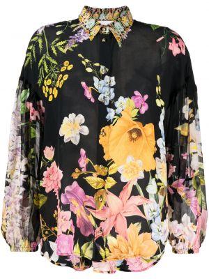 Květinové hedvábné dlouhá košile Camilla - černá