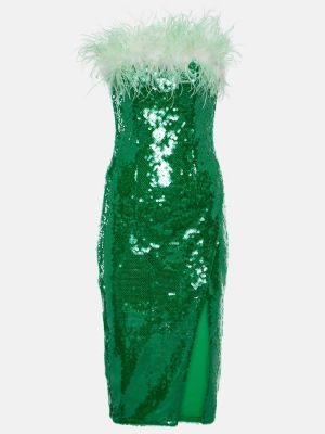 Robe mi-longue à paillettes à plumes Self-portrait vert