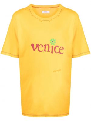 Тениска с разкъсвания с принт Erl жълто