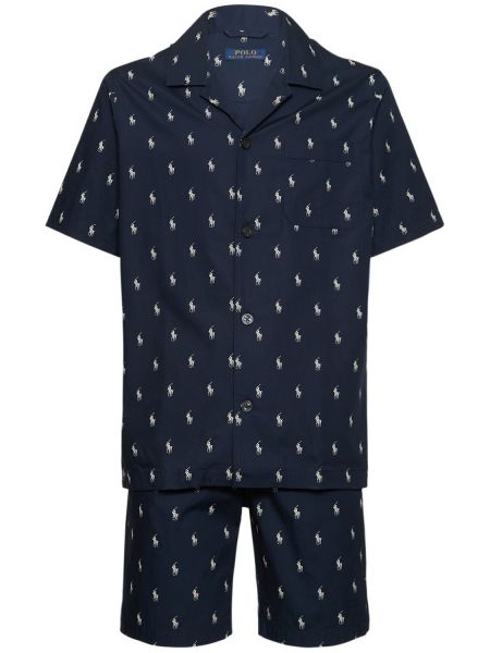 Pérové bavlnené pyžamo na gombíky Polo Ralph Lauren modrá