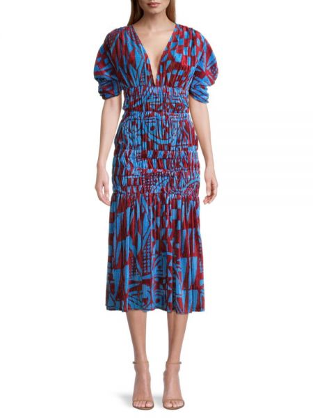 Бархатное платье миди со сборками Stella Jean, Blue Multi