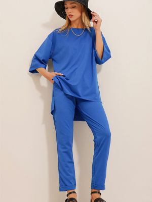 Плетен костюм от креп Trend Alaçatı Stili синьо