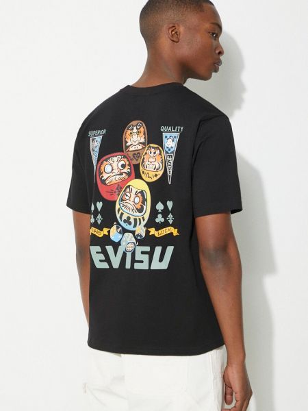 Tricou din bumbac cu imagine Evisu negru