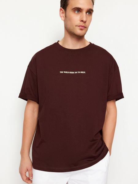 Oversized βαμβακερή μπλούζα με σχέδιο Trendyol καφέ