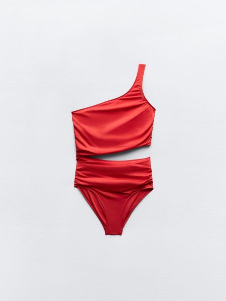 Асимметричный слитный купальник Zara красный