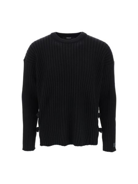Sweter wełniany w paski Versace czarny