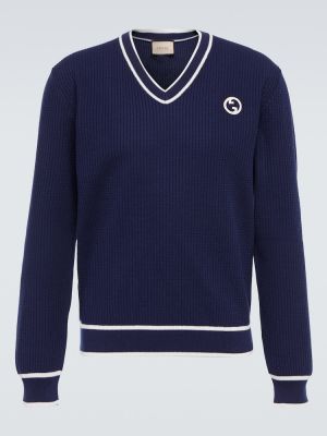 Sweter wełniany bawełniany z dekoltem w serek Gucci niebieski