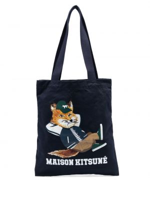 Шопинг чанта с принт Maison Kitsuné синьо