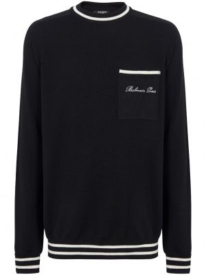 Vlnený sveter s výšivkou z merina Balmain čierna