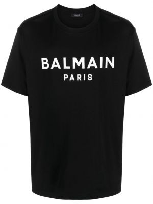 Černé bavlněné tričko s potiskem Balmain