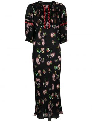 Virágos selyem midi ruha nyomtatás Cynthia Rowley fekete