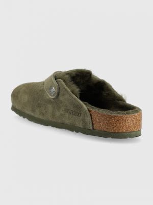 Papuci cu blană din piele Birkenstock verde