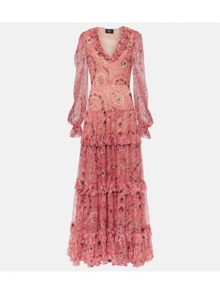 Hedvábné dlouhé šaty s volány s paisley potiskem Etro růžové