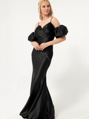 Атласное вечернее платье с длинным рукавом Lafaba черное