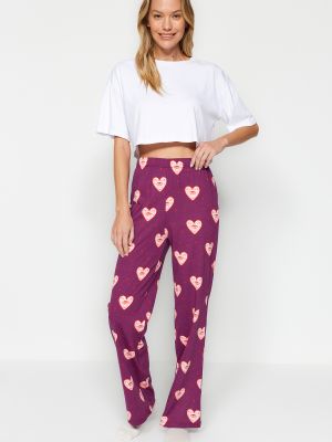 Pijamale din bumbac tricotate cu motiv cu inimi Trendyol violet