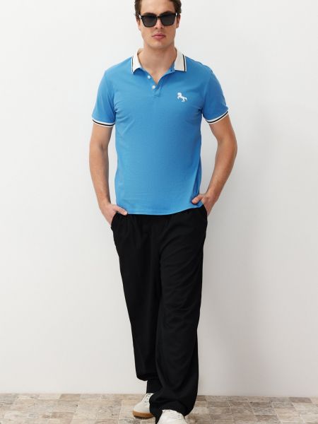 Medvilninis siuvinėtas polo marškinėliai slim fit Trendyol mėlyna