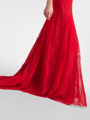 Jedwabna sukienka długa koronkowa Costarellos czerwona