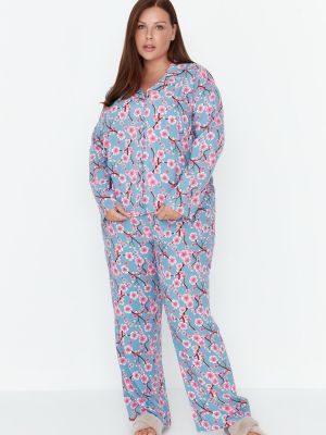 Pijamale cu model floral împletită Trendyol albastru