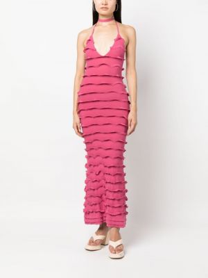 Sukienka długa z dekoltem w serek z falbankami Blumarine różowa