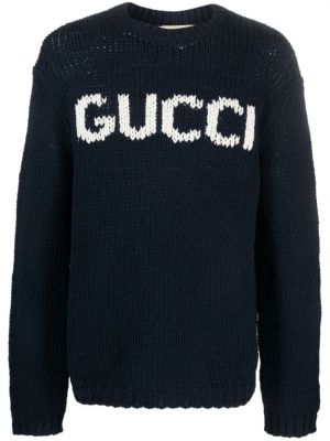 Vlněný svetr s výšivkou Gucci modrý