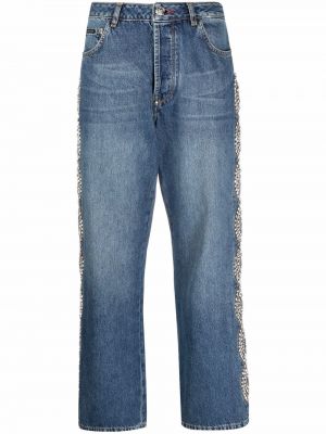 Straight leg jeans baggy con cristalli Philipp Plein blu