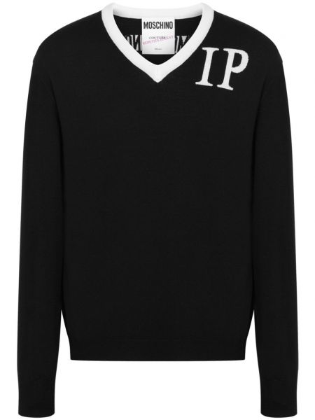 Pull en laine à col v Moschino noir