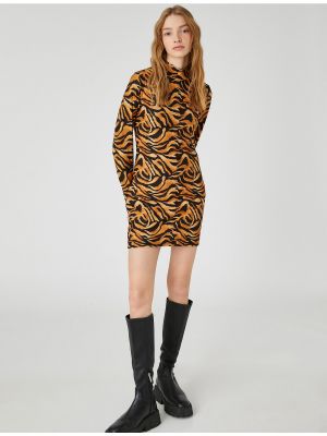 Леопардовое платье с воротником с высоким воротником с длинным рукавом Koton коричневое