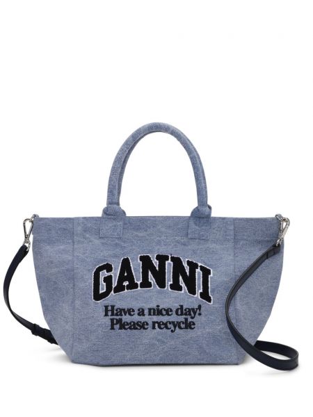 Shopper kabelka s výšivkou Ganni modrá