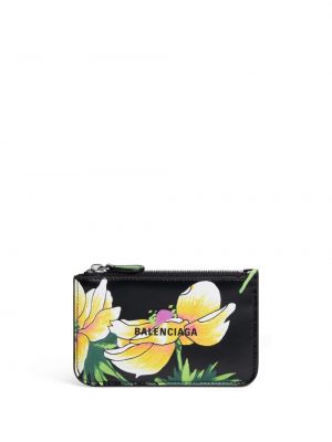 Usnjena denarnica s cvetličnim vzorcem s potiskom Balenciaga črna