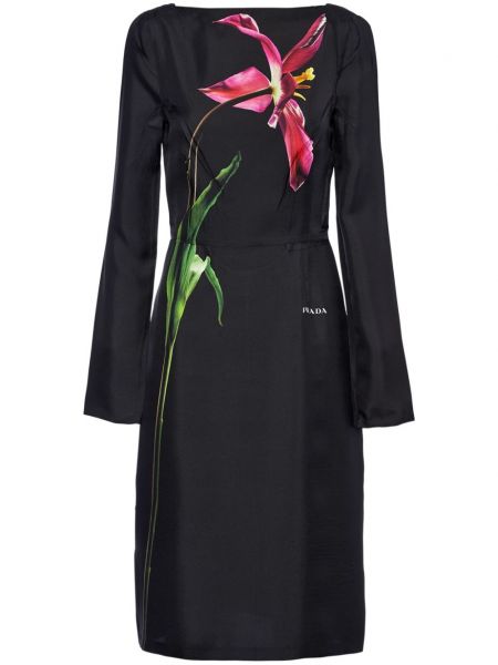 Svilena midi haljina s cvjetnim printom s printom Prada crna
