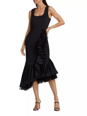 Плиссированное длинное платье без рукавов из тюля Badgley Mischka черное