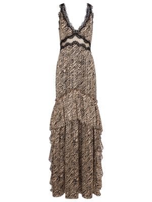 Sukienka długa szyfonowa z nadrukiem w tygrysie prążki Costarellos brązowa