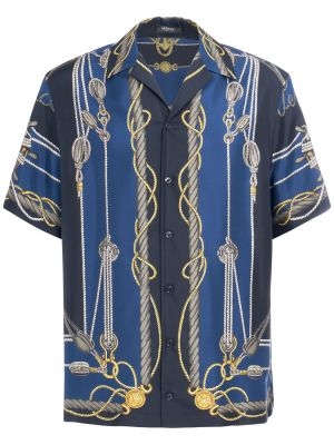 Chemise en soie à imprimé avec manches courtes Versace bleu