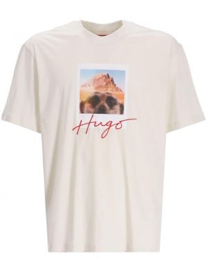 Bavlněné tričko s potiskem Hugo béžové