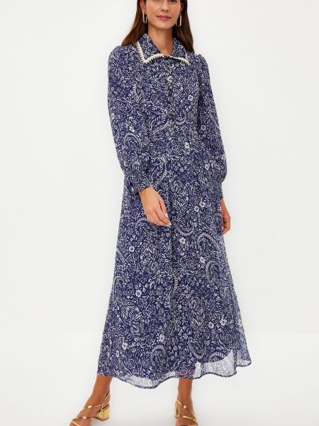 Pletena haljina od šifona s cvjetnim printom Trendyol plava