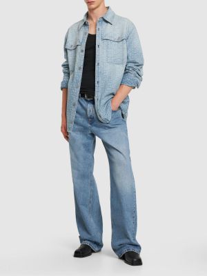 Camicia jeans di cotone in tessuto jacquard Balmain blu